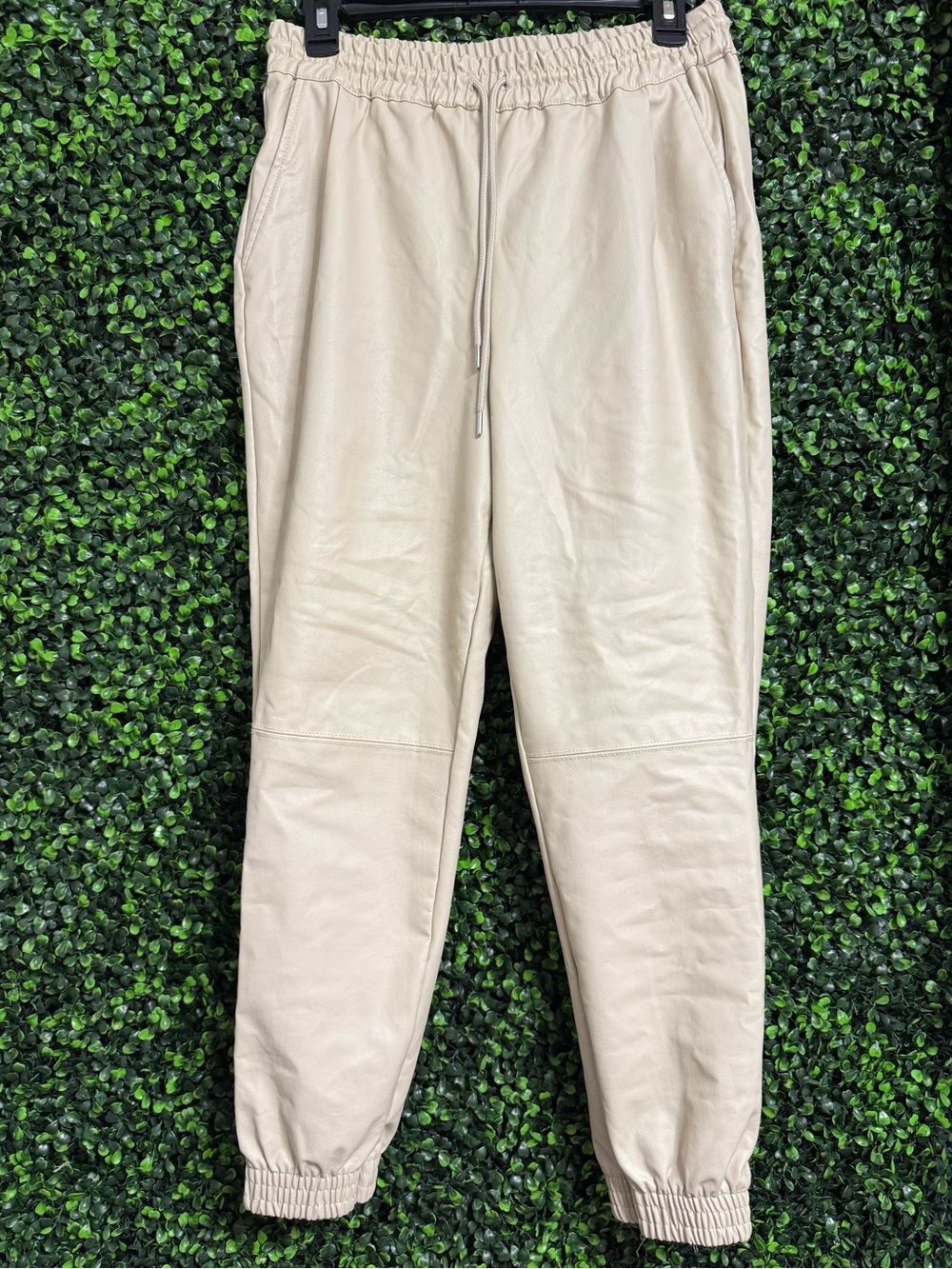 Women’s Faux Leather Beige Drawstring Jogger Pants
